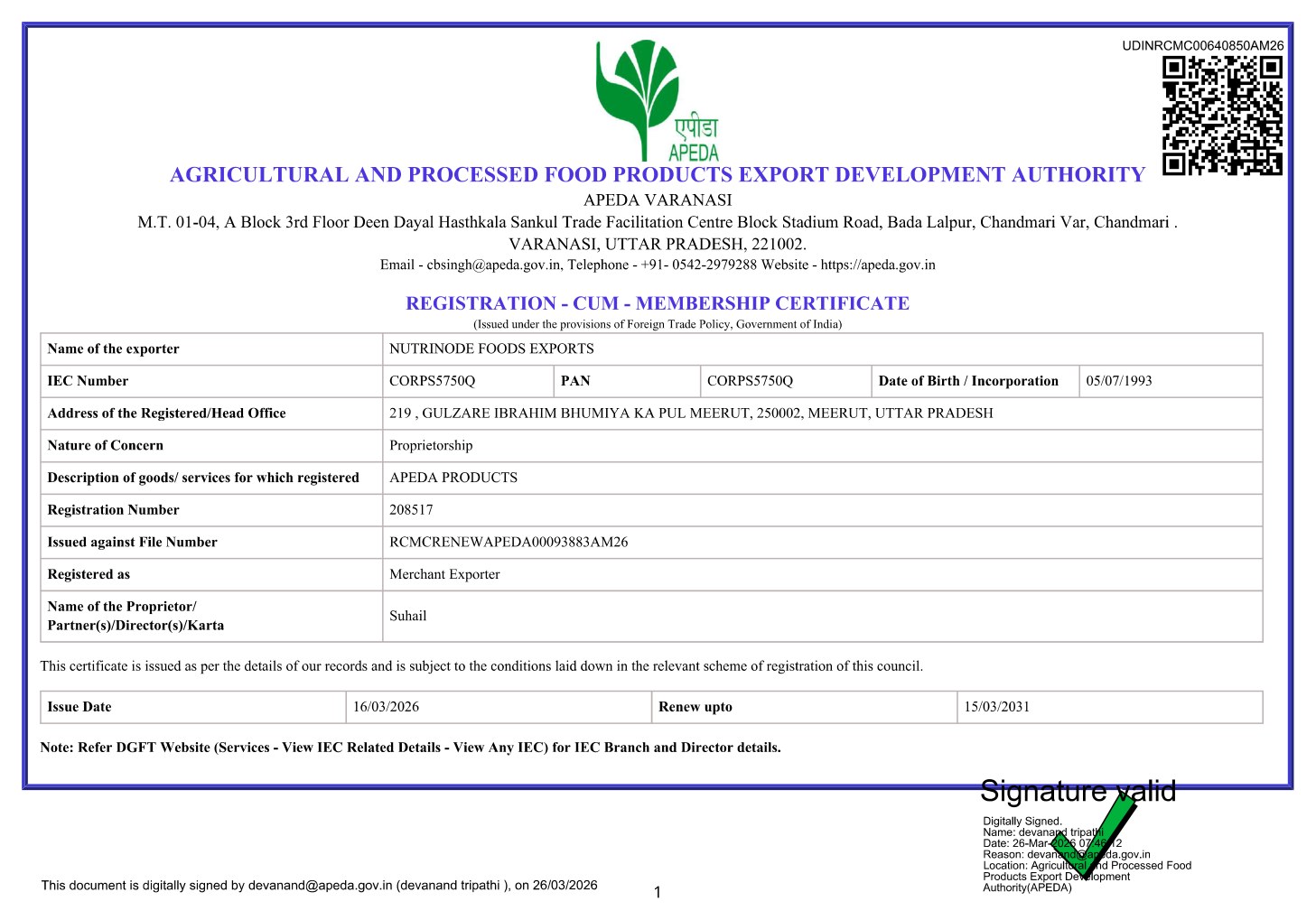 APEDA registration certificate preview